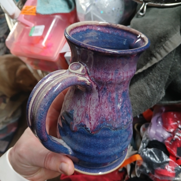 piece of signed studio pottery purple and blue drip glaze. Masterwork Piece-mug